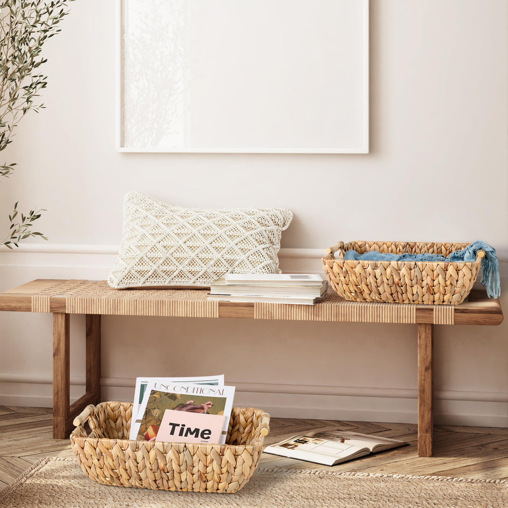 Water Hyacinth Storage Baskets with Wooden Handles, Large Wicker Baskets for Organizing Set of 2