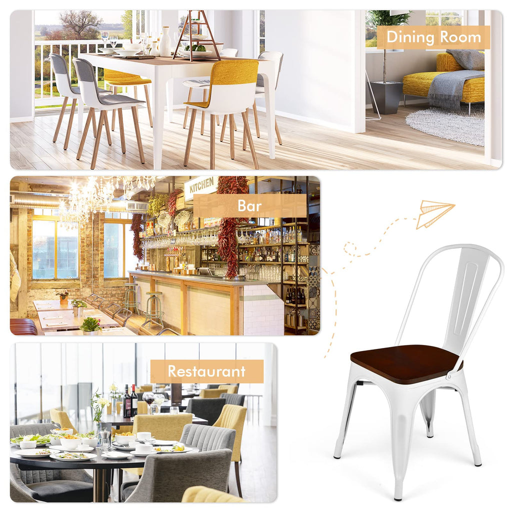 Set of 4 Metal Dining Chairs with Wood Top Seat, Tolix Style Stackable Bistro Cafe Side Chair, Indoor Outdoor Dining