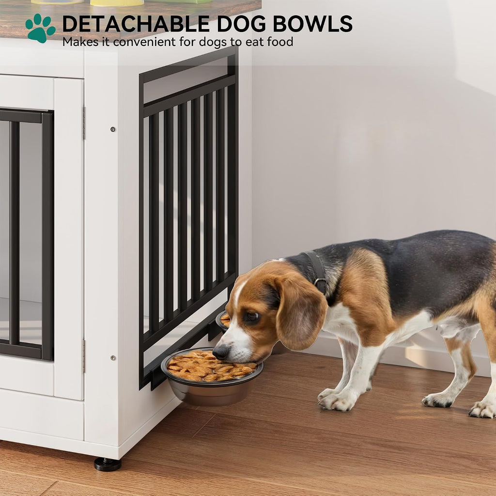35" Dog Crate Furniture, Wooden Side End Table with Adjustable Feet and Removable Bowls, Dog Kennel Indoor for Small