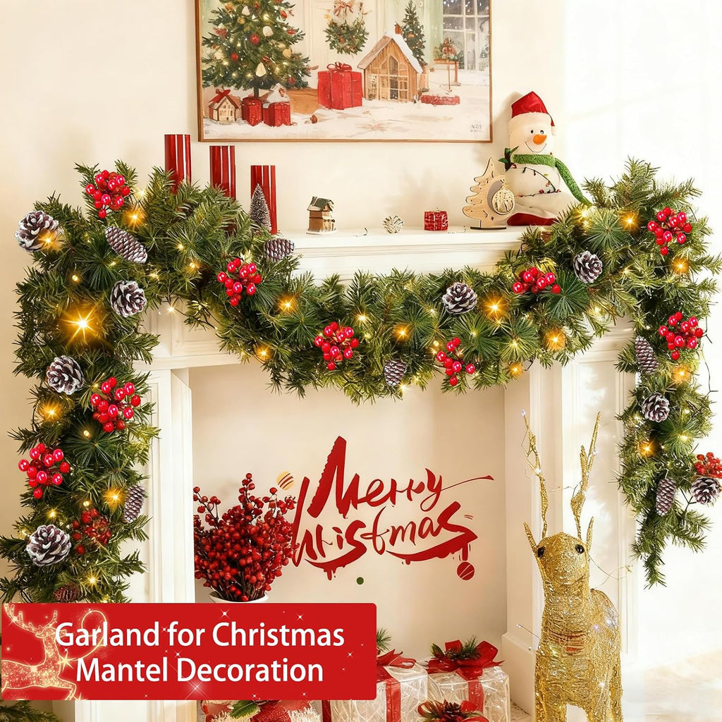 Timer & 8 Modes-9 Ft by 10 Inch Christmas Garland Decorations 50 Warm White Lights Lighted 270 Branch 70 Red Berries