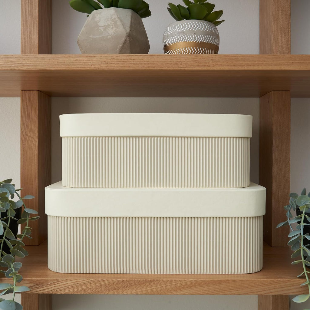 Decorative Storage Boxes with Lids Fluted Photo Organizer Bins - Set of 2
