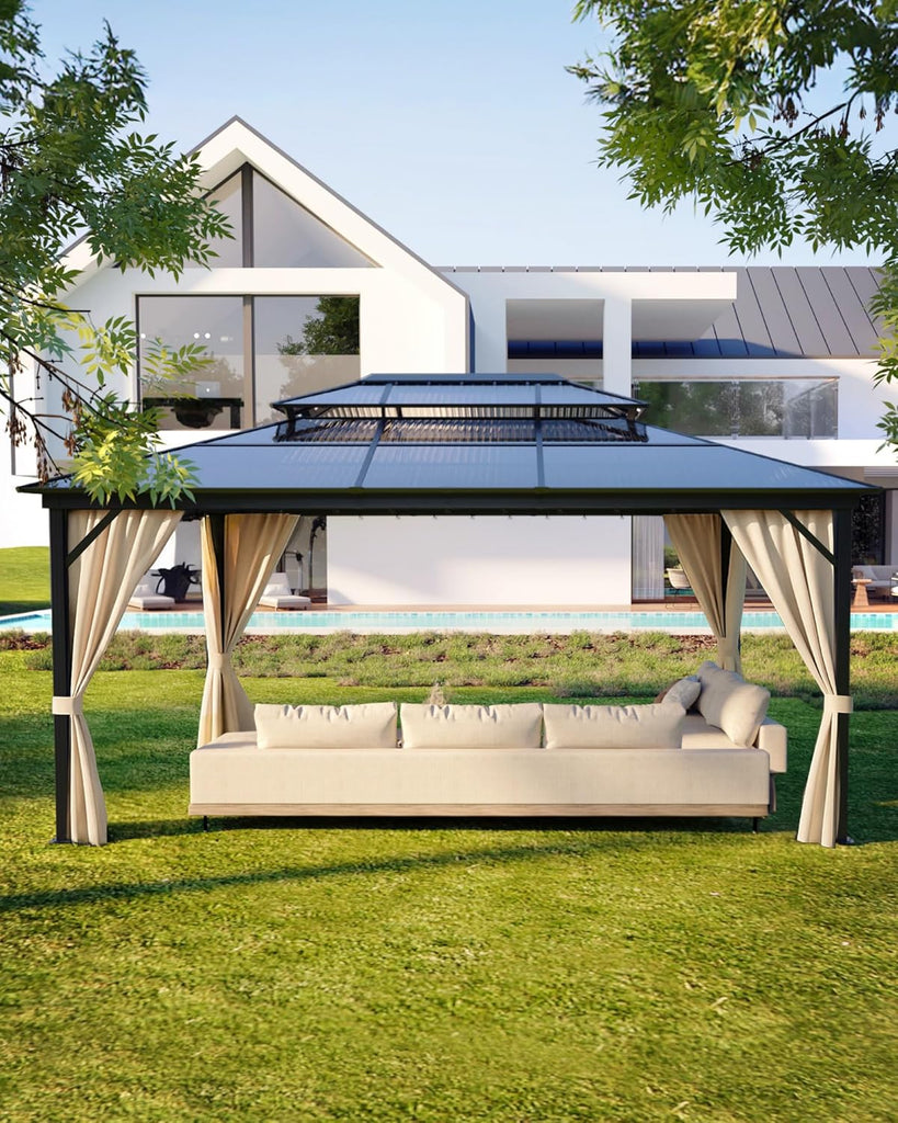 GarveeLife Hardtop Gazebo 12 ft x16 ft for All Weather, Double Polycarbonate Sheets Roof, Aluminum Alloy Frame, Net