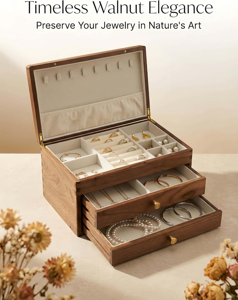 Black Walnut Jewelry Box, Handcrafted 3-Tier Jewelry Organizer