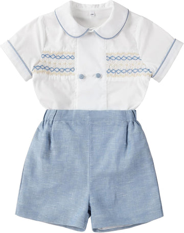 Smocked toddler boy outfits Summer Cotton Short Sleeve boys' button-down shirts Casual 2 piece Clothing Set