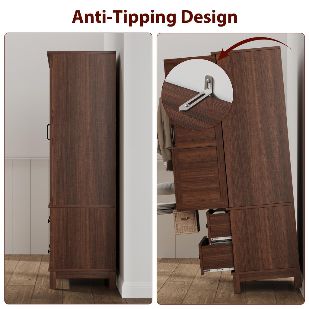 Armoire Wardrobe Closet with 2 Doors, Wooden Wardrobe Cabinet with Hanging Rod, 72 in Narrow Tall Clothing Armoire