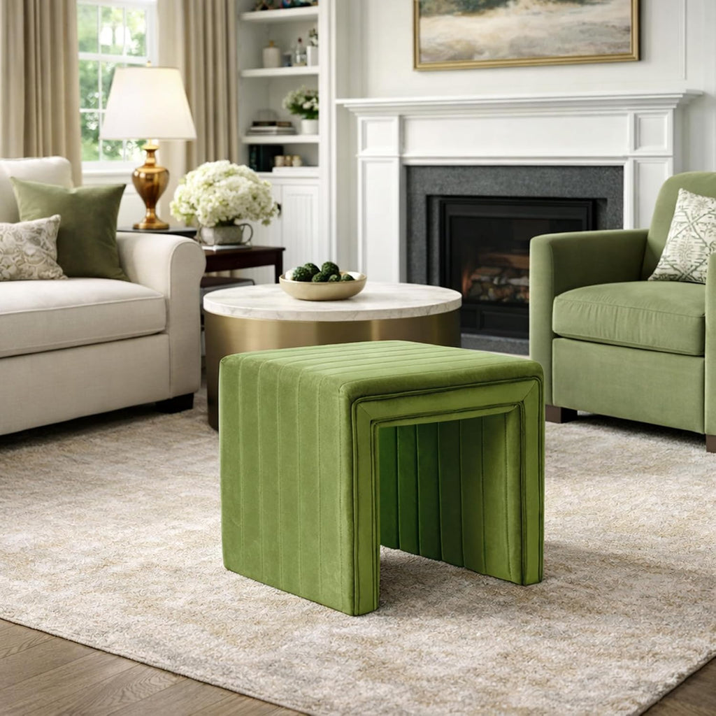 19" Modern Channel Tufted Velvet Ottoman - Green