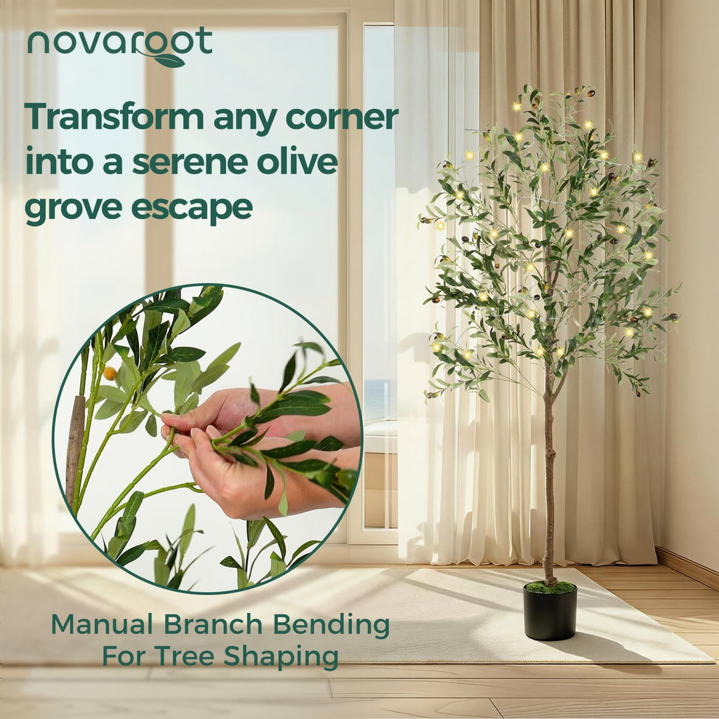 Olive Tree, 6FT Tall Faux Olive Tree with Lights Moss and Planter, Olive Trees Artificial Indoor with Realistic Wood