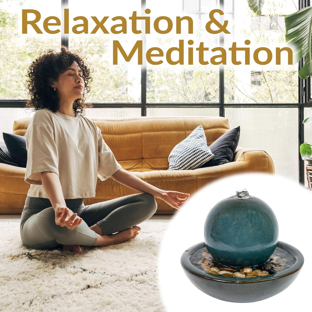 Tabletop Ceramic Tabletop Fountain with Orb - Relaxing Indoor Fountain for Meditation - Teal