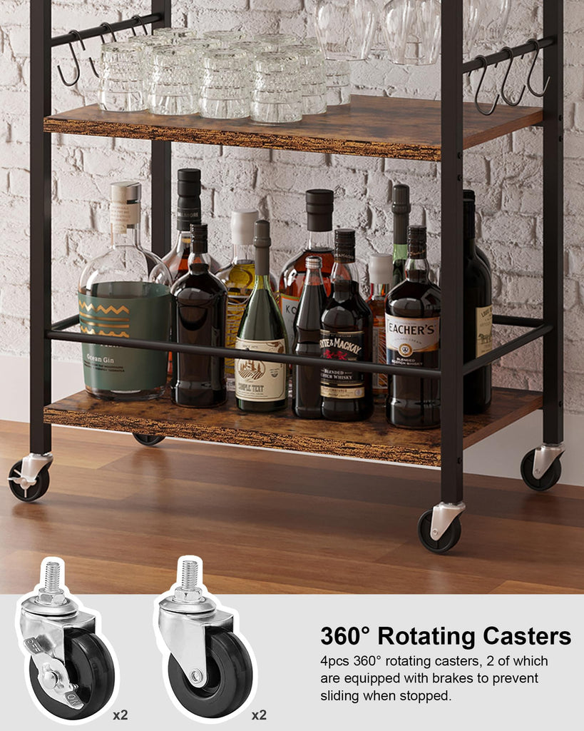 Bar Cart with Wheels, Mini Drink Cart with Wine Rack & Glass Holder