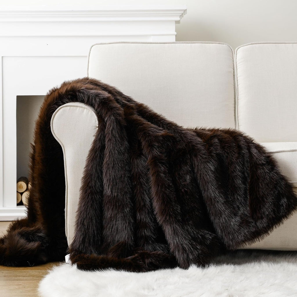 Luxury Fluffy Brown Faux Fur Throw Blanket, Cozy Warm Fur Blanket for Couch, Sofa, Chair, Bed, Plush Fuzzy Fur Throws
