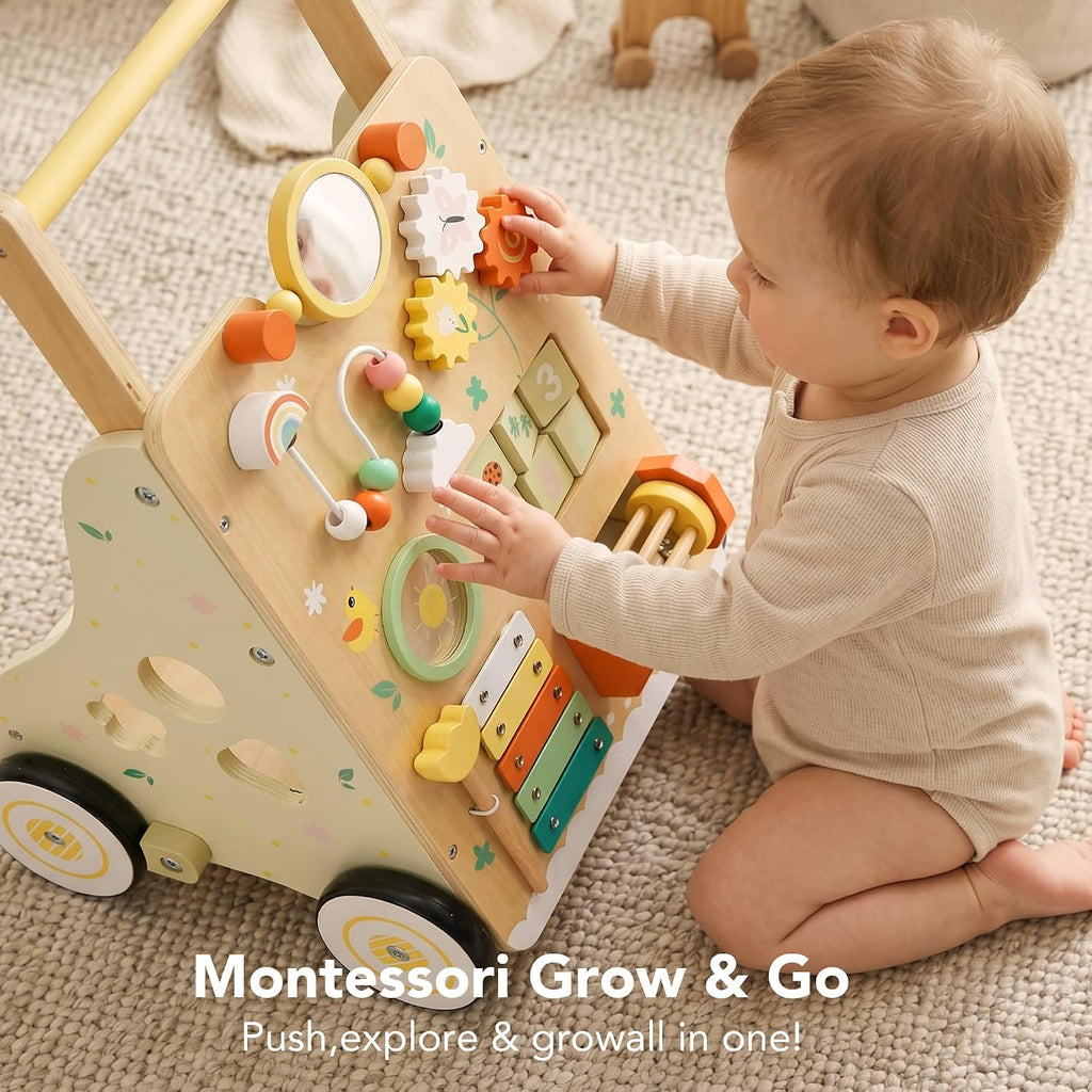 Wooden Baby Push Walker for 1 Year Old, Montessori Wood Walking Toy