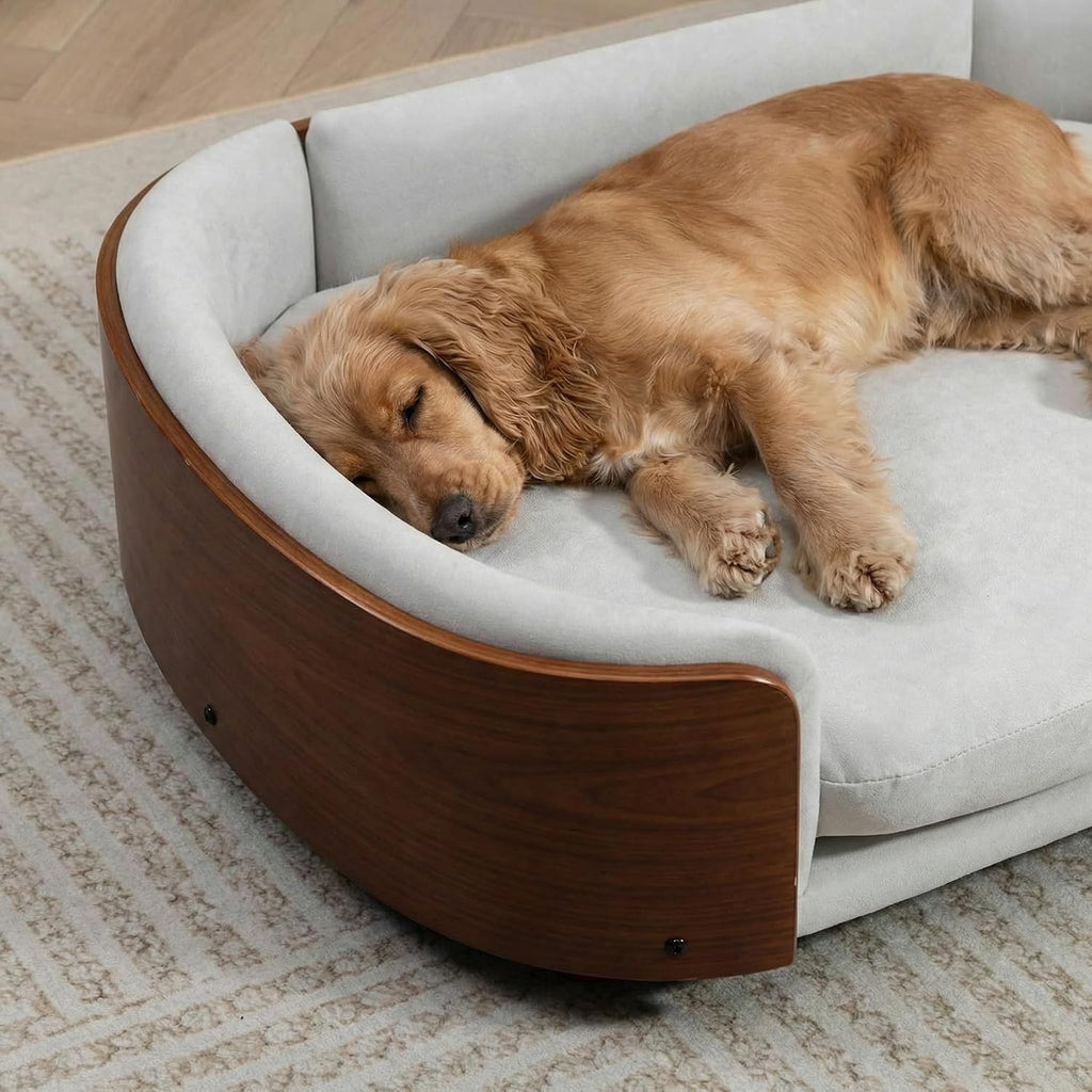 Scandinavian Style Elevated Dog Bed, Pet Sofa with Solid Wood Legs and Walnut Bent Wood Back, Velvet Upholstered