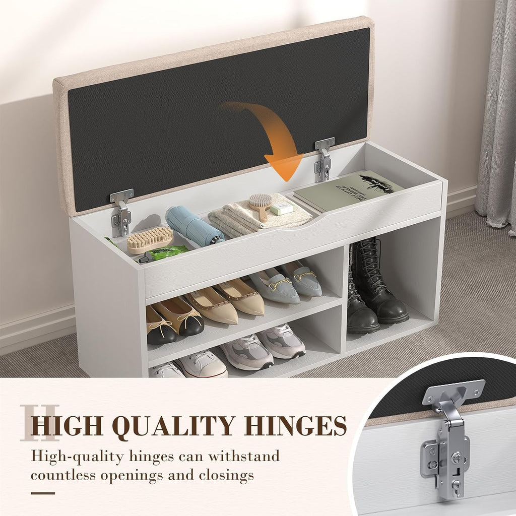 31 Inches Storage Bench with Padded Cushion, Shoe Bench with Storage Space, Upholstered Entryway Bench , 2-Tier Shoe