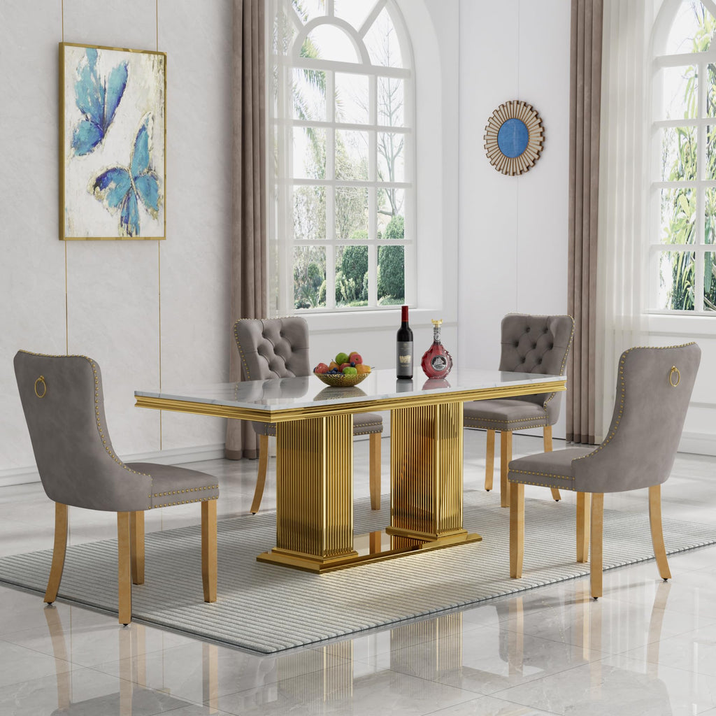 5 Piece Dining Table Set, Gold Dining Table with White Printed Marble Top&Stainless Steel Base, 68.11" Kitchen Table