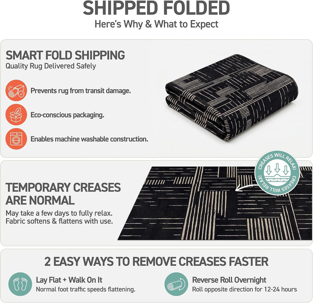 Block Stripe Machine Washable Non-Slip Runner Rug, Black