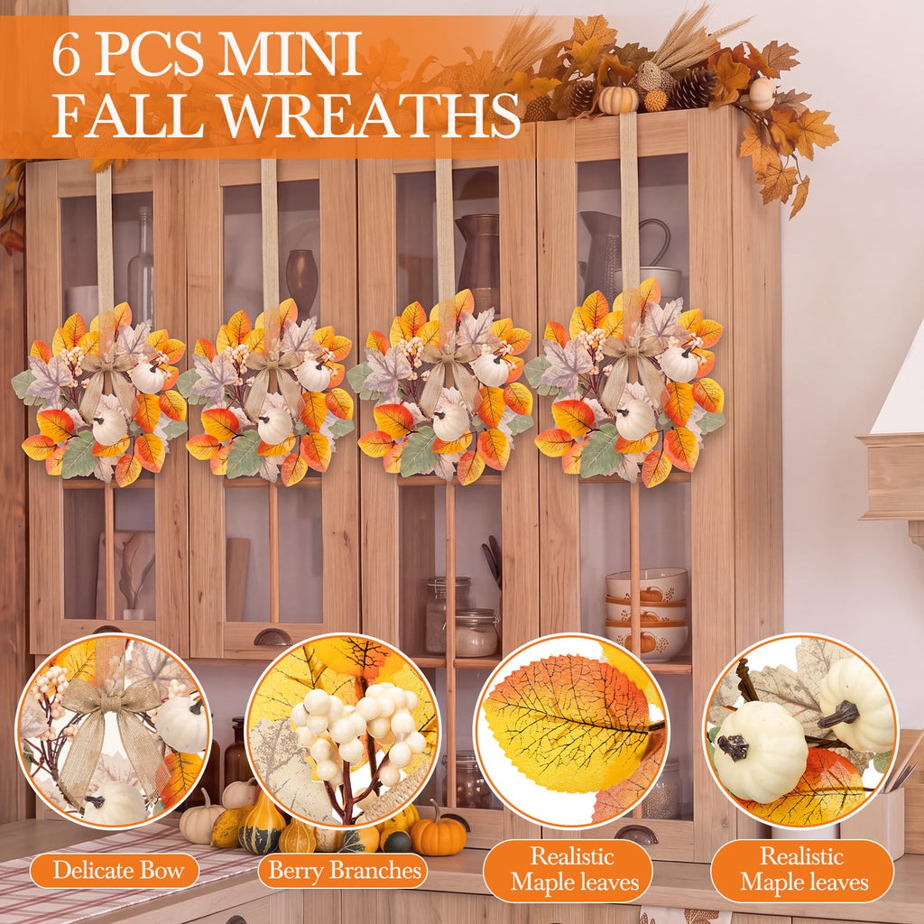 6 Pcs 9 Inch Mini Fall Wreaths with Bow Ribbon Cabinet