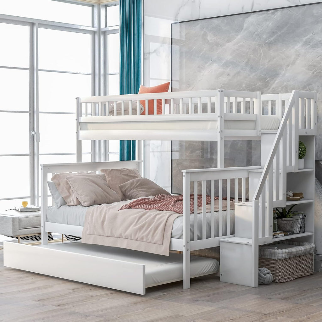 Wood Twin Over Full Bunk Bed with Trundle and Stairs