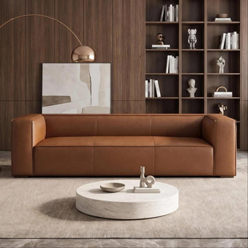 90.94-Inch Cognac Tan Faux Leather Sofa, Modern 3-Seater Couch