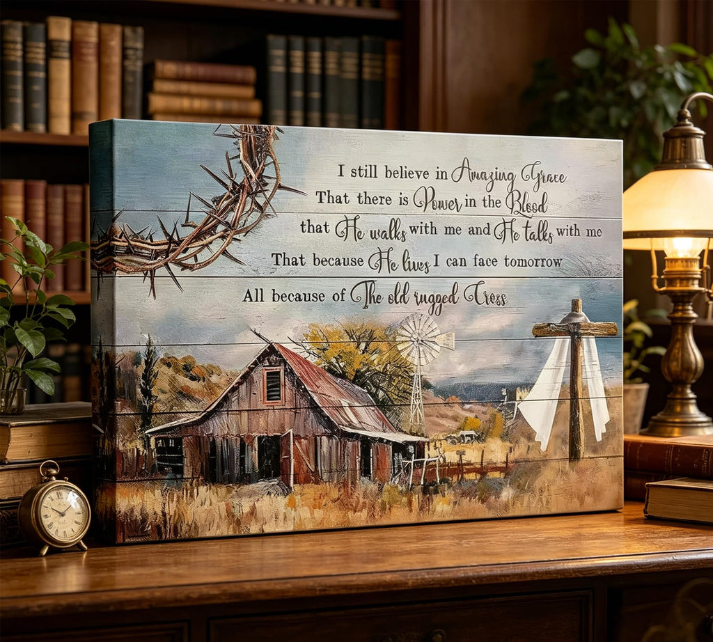 The Old Rugged Cross Canvas Wall Art, Religious Hymn Painting Picture Wall Decor, Vintage Barn Windmill Poster Print