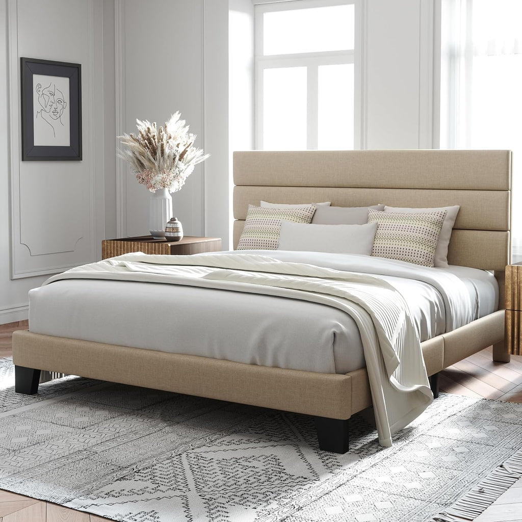 King Platform Bed Frame with Fabric Upholstered Headboard and Wooden Slats Support