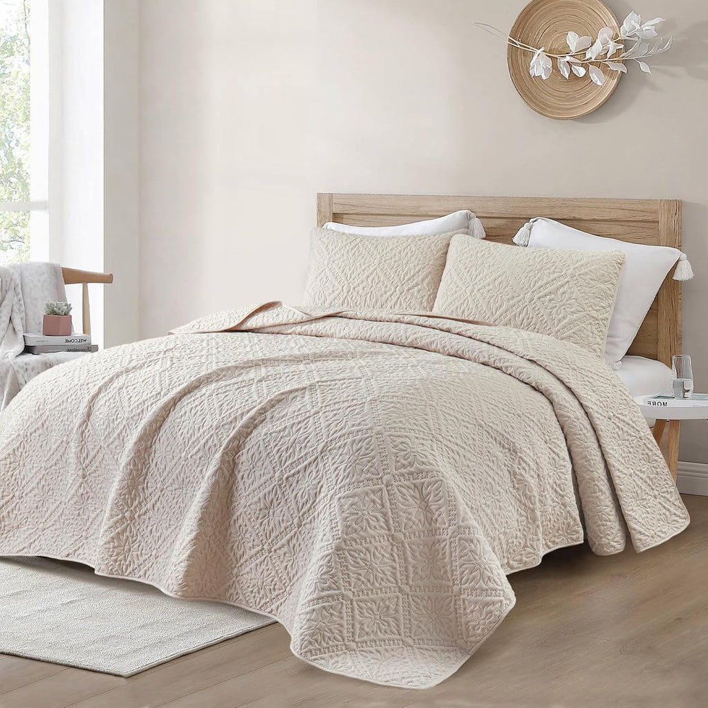 Queen Quilt Bedding Set, Lightweight Soft Bedspreads Coverlets with 2 Pillow Shams, Modern Brich Beige Quilts Queen