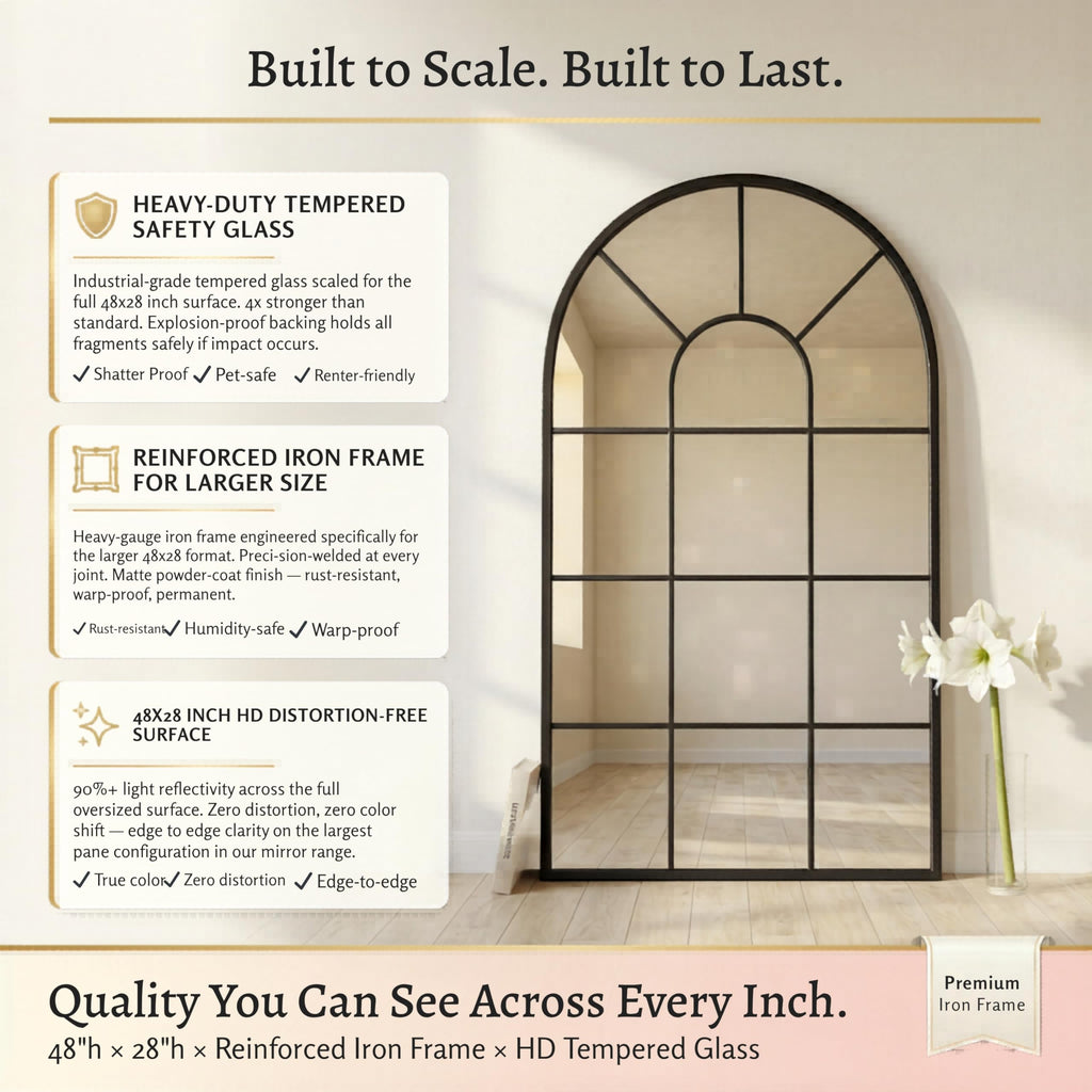 48x28Inch Arched Window Pane Mirror| Black Arched Mirrors for Wall & Floor | Arch Mirror Full Length Living Room &