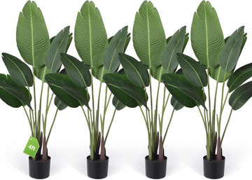 4 Pack 4Ft Artificial Bird of Paradise Plants Faux Palm Tree with 10 Trunks Banana Leaf Artificial Plant Lifelike