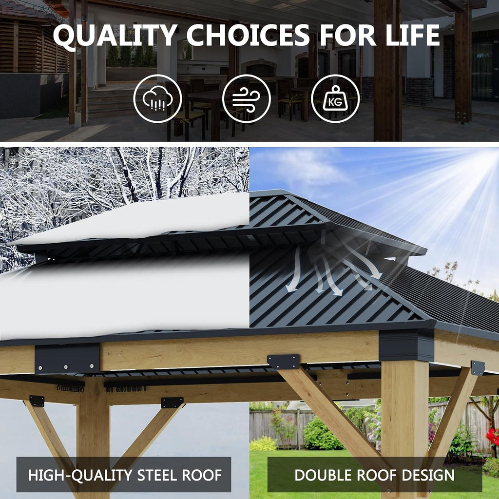 11x13FT Wood Gazebo, Outdoor Wooden Gazebo with Glavanized Steel Double Roof, Hardtop Gazebos