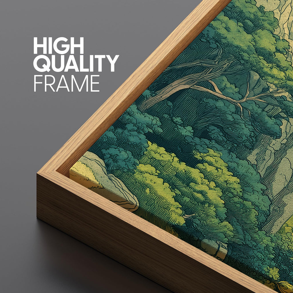 Large Framed Canvas Print Wall Art Japanese Ukiyo-E Style Forest Landscape Green Illustrations Modern Art Relax/Calm