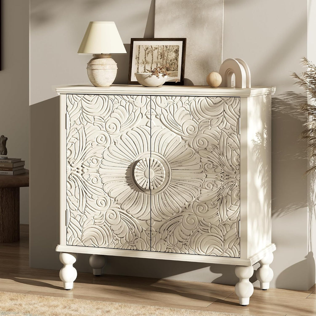 Buffet Cabinet with Storage, Accent Cabinet with 2 Carved Doors, Solid Wood Sideboard with Adjustable Shelf, Vintage