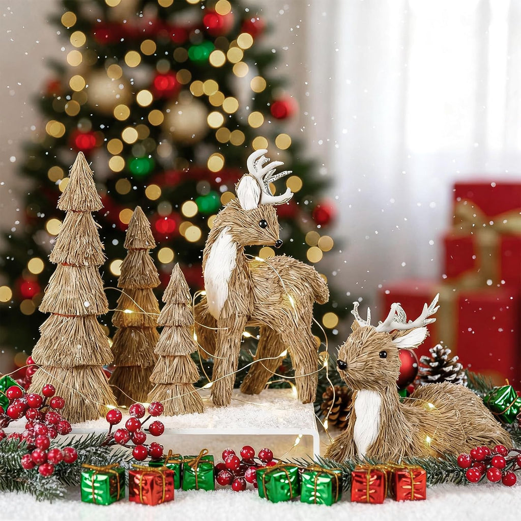 5 Pcs Christmas Sisal Reindeer Tree Centerpieces Table Fireplace Decor Christmas Deer Figurines Rustic Woodland