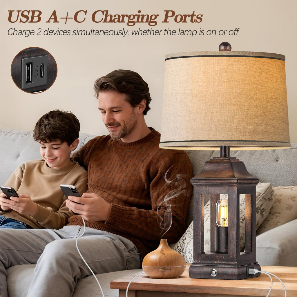 24" Rustic Farmhouse Table Lamps, Single Pack Touch Dimmable Nightlight Vintage Bedside Lamps with USB A+C Ports &