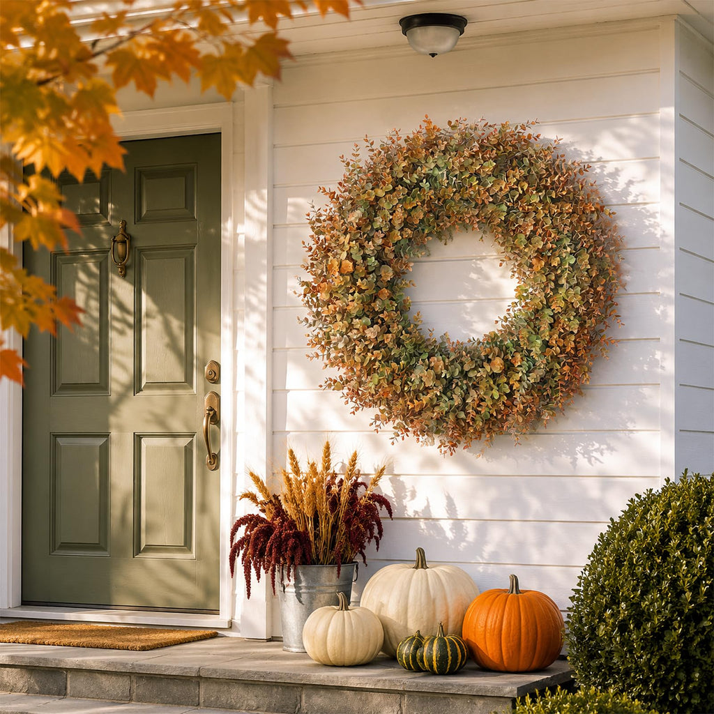 32" Large Fake Eucalyptus Fall Wreath for Front Door Decor(Orange-Green)