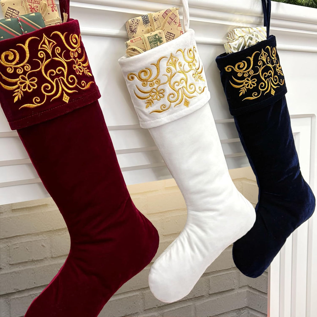 Set of 3 Velvet Christmas Stockings with Gold Damask Embroidery and Microfiber Lining, Oversized 24-Inch Cuff-to-Toe