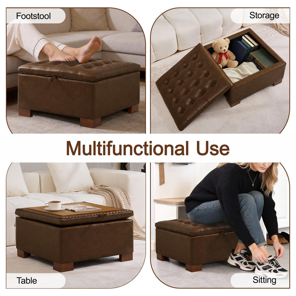 30" Faux Leather Square Storage Ottoman with Wooden Tray, Modern Tufted Button Footstool Coffee Table, Upholstered