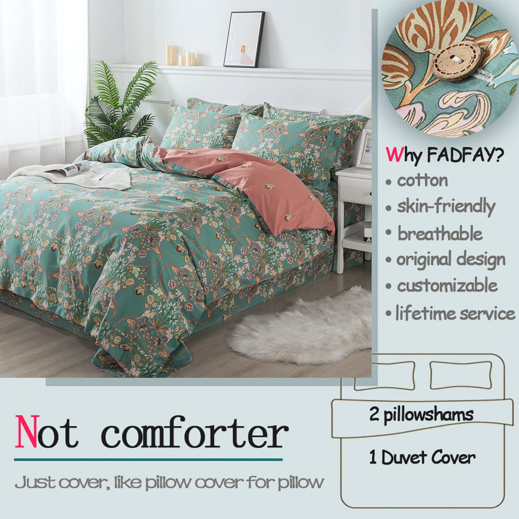 Duvet Cover Set Floral Bedding Button Closure Full Premium 100% Cotton 600 TC Shabby Vintage Reversible Blue Orange