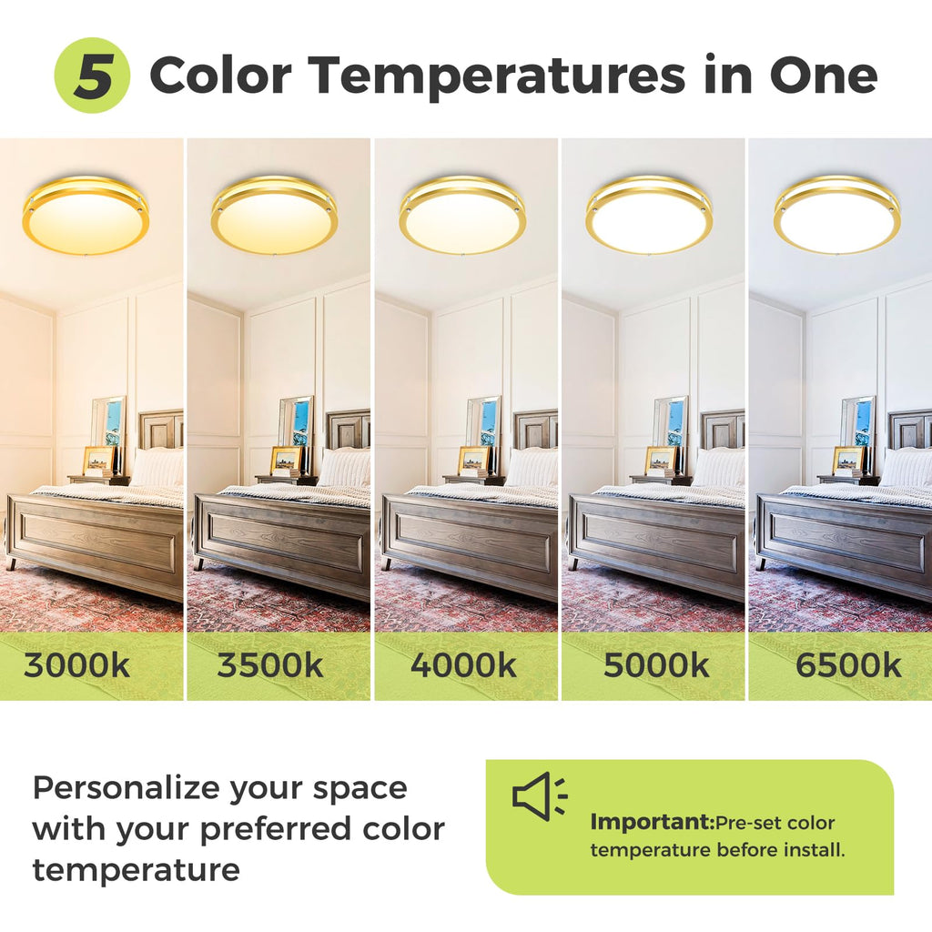 2 Pack Flush Mount Ceiling Light Fixture, Dimmable & 5Color Temperatures Ceiling Light Gold, 16inch 36W 3000K 3500K
