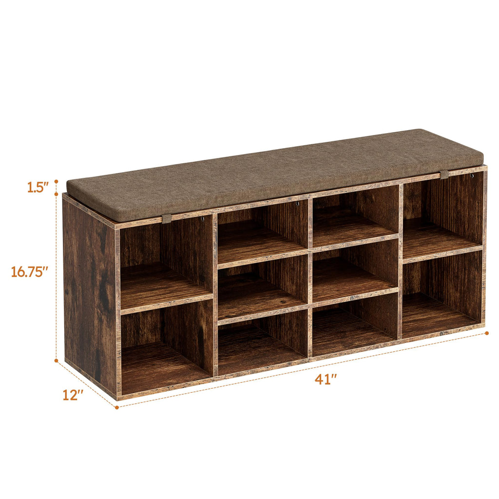 Shoe Storage Bench with Cushion, 41'' Long Entryway Bench with 10 Compartments Shoe Rack, Multifunctional Cubby