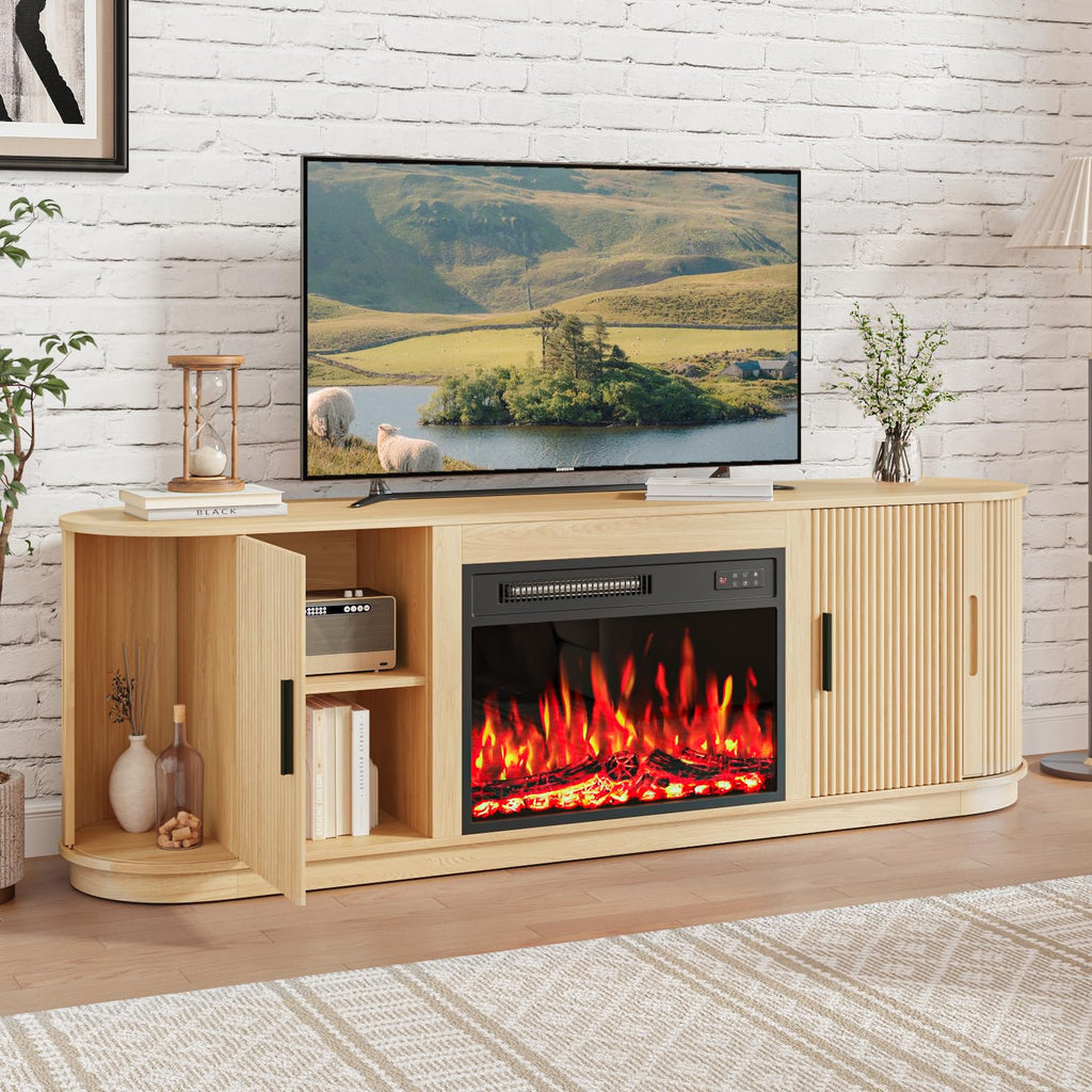 Fluted 70 TV Stand with 23" Electric Fireplace Heater, Entertainment Center with Storage and Adjustable