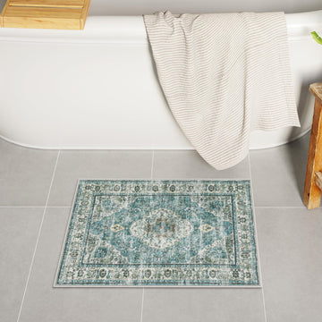 Blue Bathroom Rugs, Distressed Farmhouse Boho Bath Mat, Comfy Velvet Small Bath Rugs Non Slip Washable, Vintage