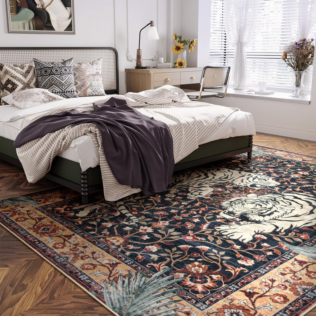 Tiger Washable Area Rugs 8x10, Large Boho Rugs, Vintage Non Slip Dining Room Rugs for Under Table, Ultra Thin Soft