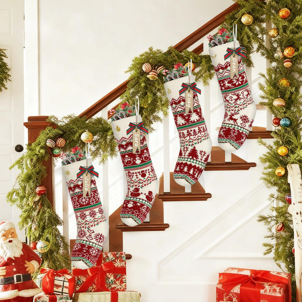 Knit Christmas Stockings with Patterns Reindeer, Tree, Snowflake, Snowman-4 Pack 18 Inch Large Knit Stockings - Set of 4