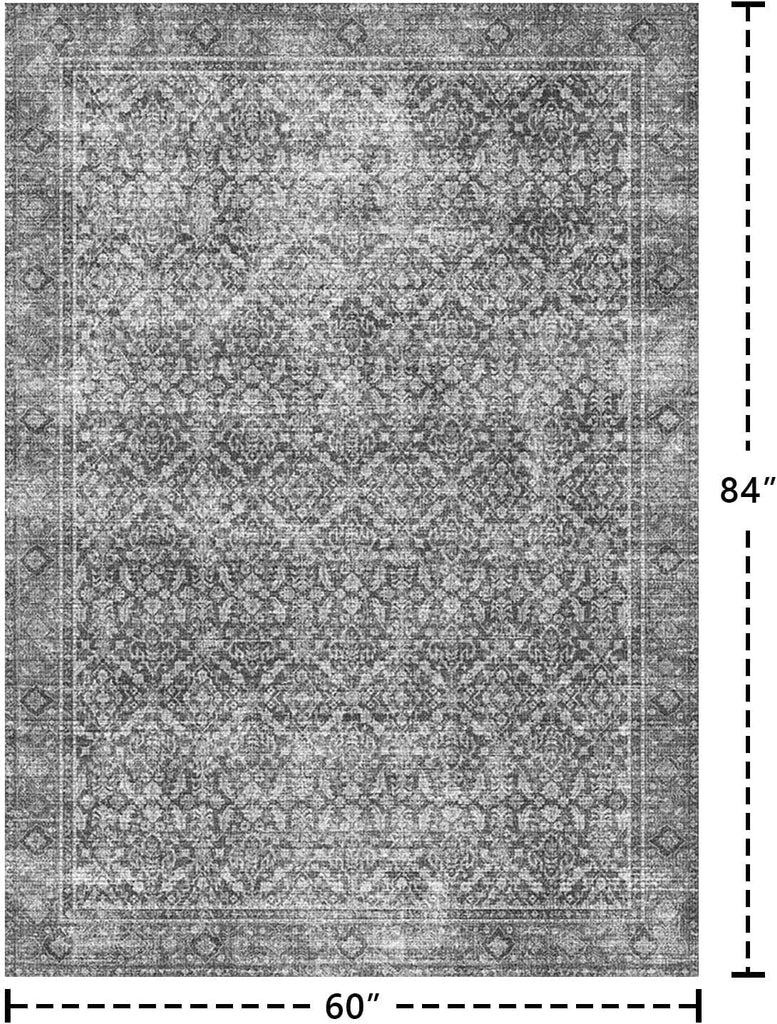 5x7 Area Rugs for Living Room Bedroom, Vintage Grey Washable Rug, Boho Floral Non Slip Low Pile Carpet for Indoor