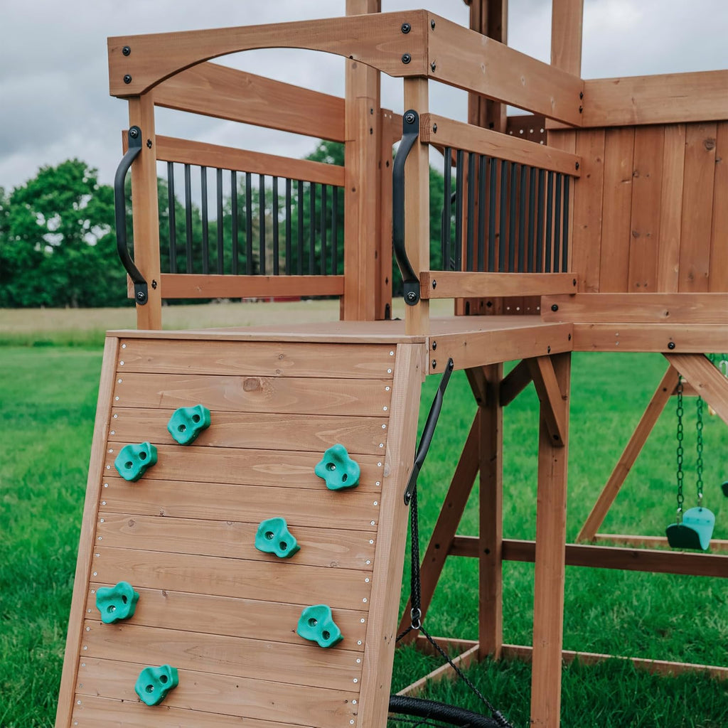 Sterling Point Cedar Wood Swing Set with Wave Slide, Raised Clubhouse, Wooden Bridge, Rock Wall, Belt Swings, Web