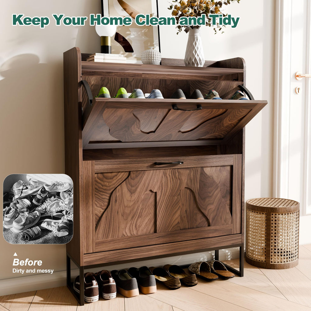 Shoe Storage Cabinet with 2 Flip Drawers, Narrow Shoe Cabinet, Freestanding Organizer Shoe Rack Cabinet for Front
