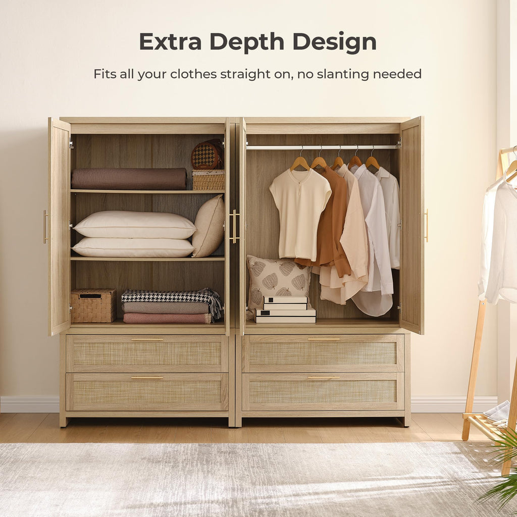 71 inch Wardrobe Closet, Boho Rattan Armoire Wardrobe with Drawers