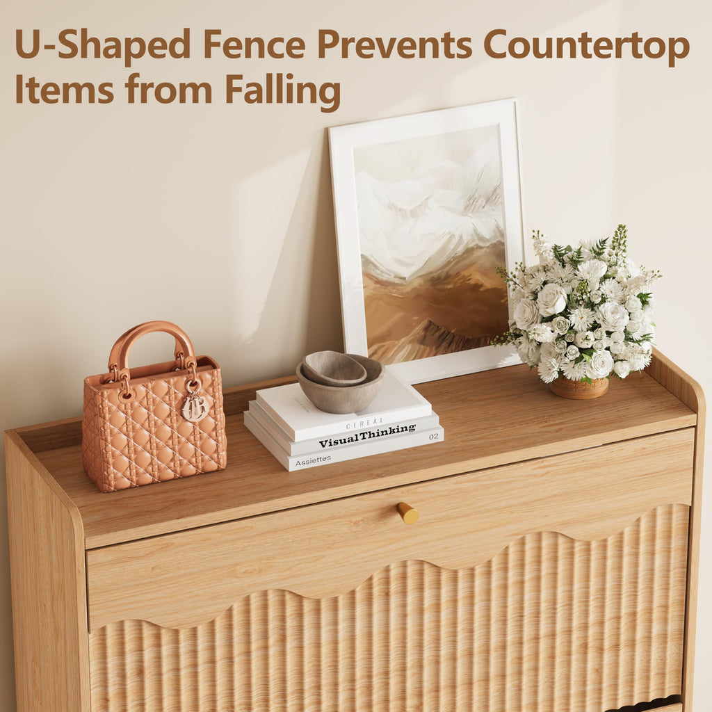 Shoe Storage Cabinet with 2 Flip Drawers and Modern Wave-Edge Fluted Panels, Slim Shoe Rack, Freestanding Narrow