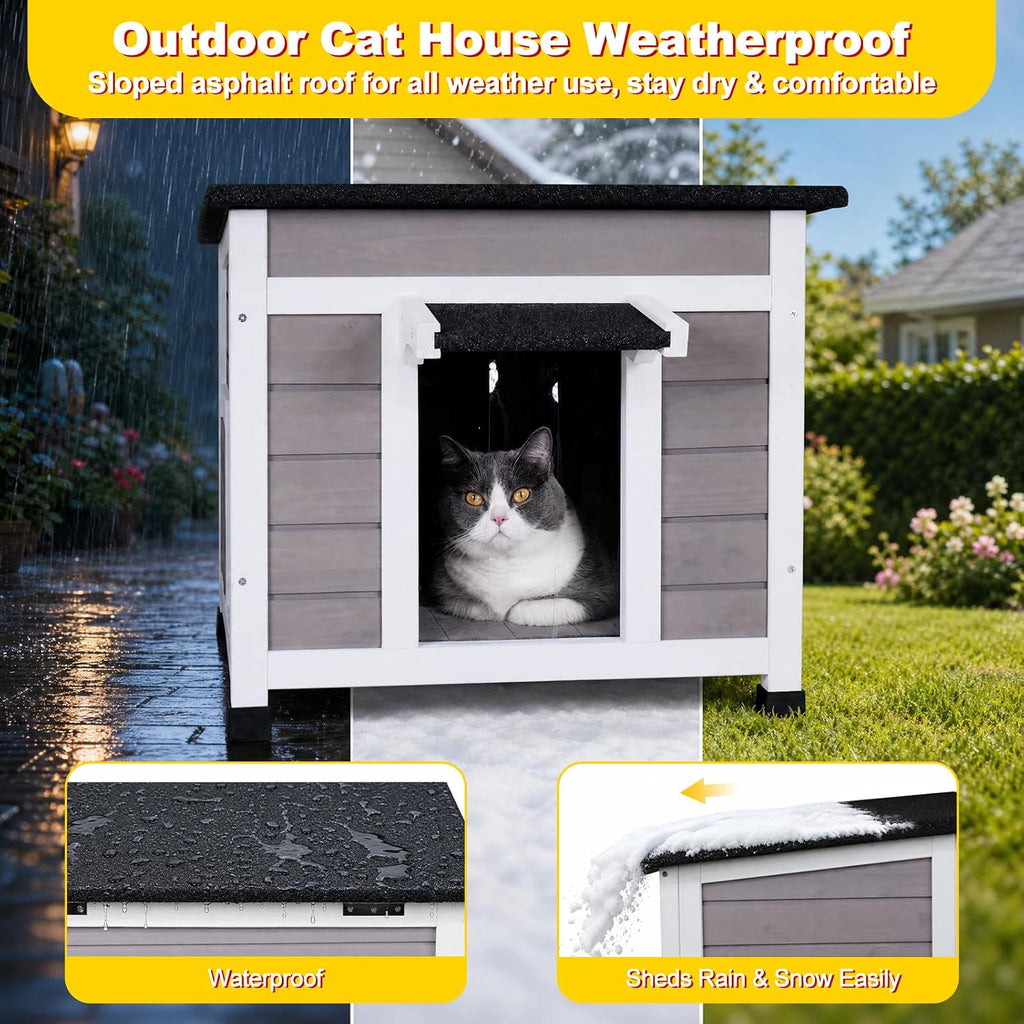 Insulated Outdoor Cat House, Weatherproof Feral Cat Shelter, Gray