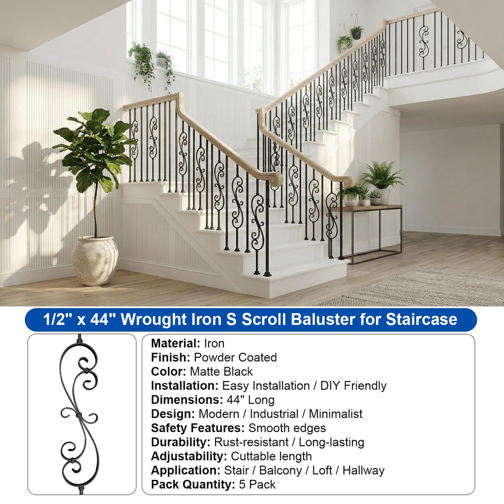 5 Pack 44" Iron S Scroll Balusters for Staircase Interior, 1/2" Hollow Stair Balusters, Matte Black Metal Balusters