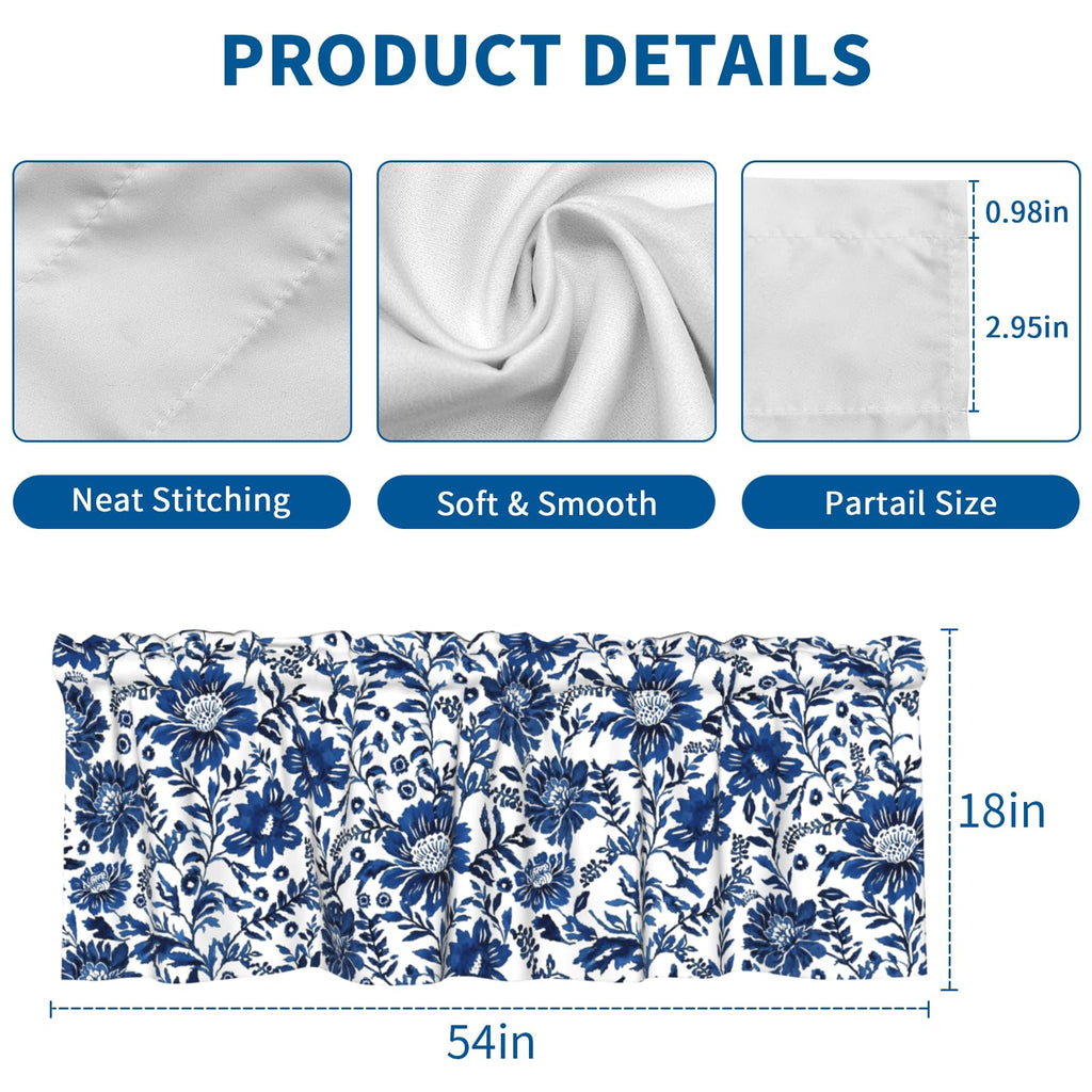 Navy Elegant Floral Kitchen Window Curtain 54"x18", Blue White Vintage Chinoiserie Flower Valance Farmhouse Window